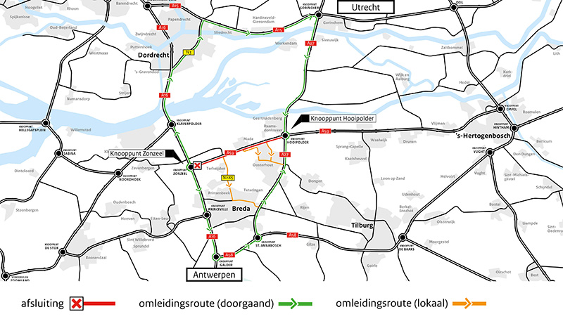 Omleidingskaart tijdens werkzaamheden A59 richting ’s-Hertogenbosch tussen knooppunt Zonzeel en knooppunt Hooipolder